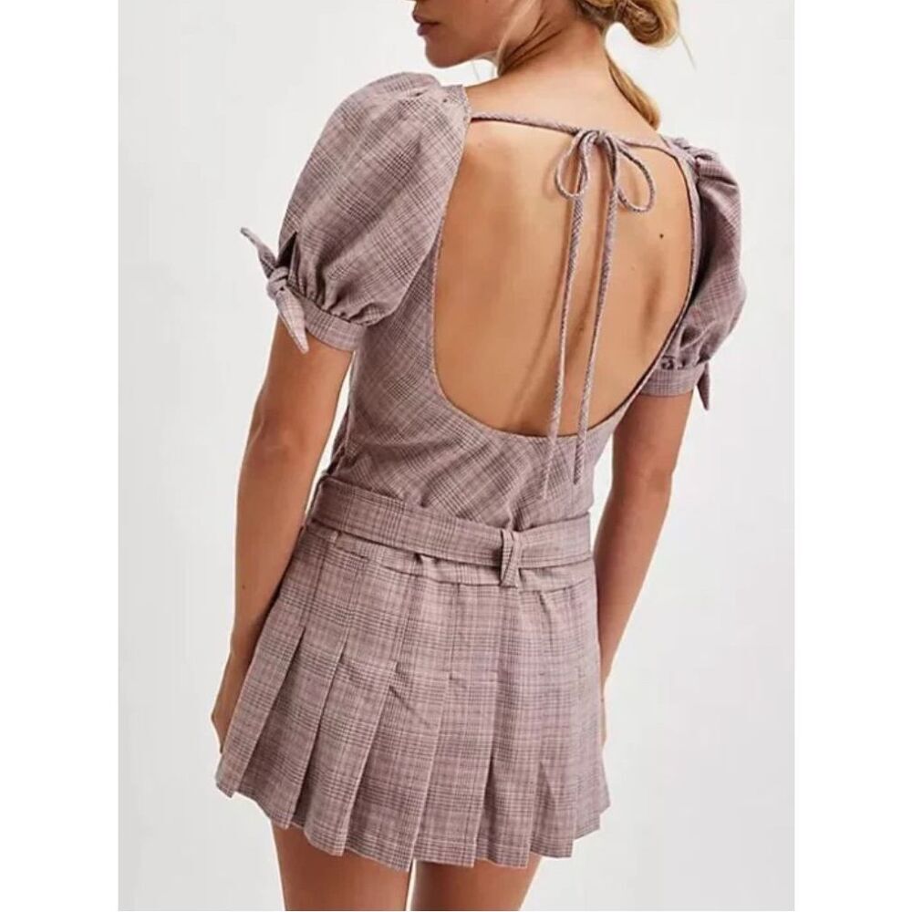 Free People Sevi Plaid Mini Dress Puff Sleeve Grey and Pink Combo Size M NWOT - Picture 2 of 12